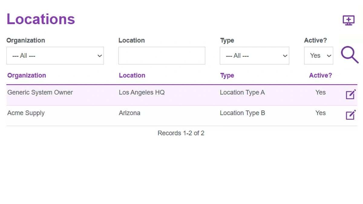 View of the Locations list in the Business App Starter Kit, filtering records by organization, location, type, and active status with inline edit links.