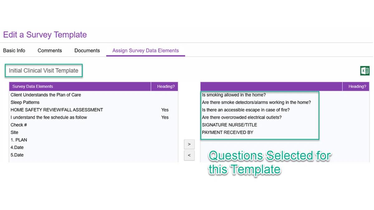 Assign Survey Data Elements tab in a WorkMovr survey template, moving reusable questions into an Initial Clinical Visit Template via a dual-list selector.