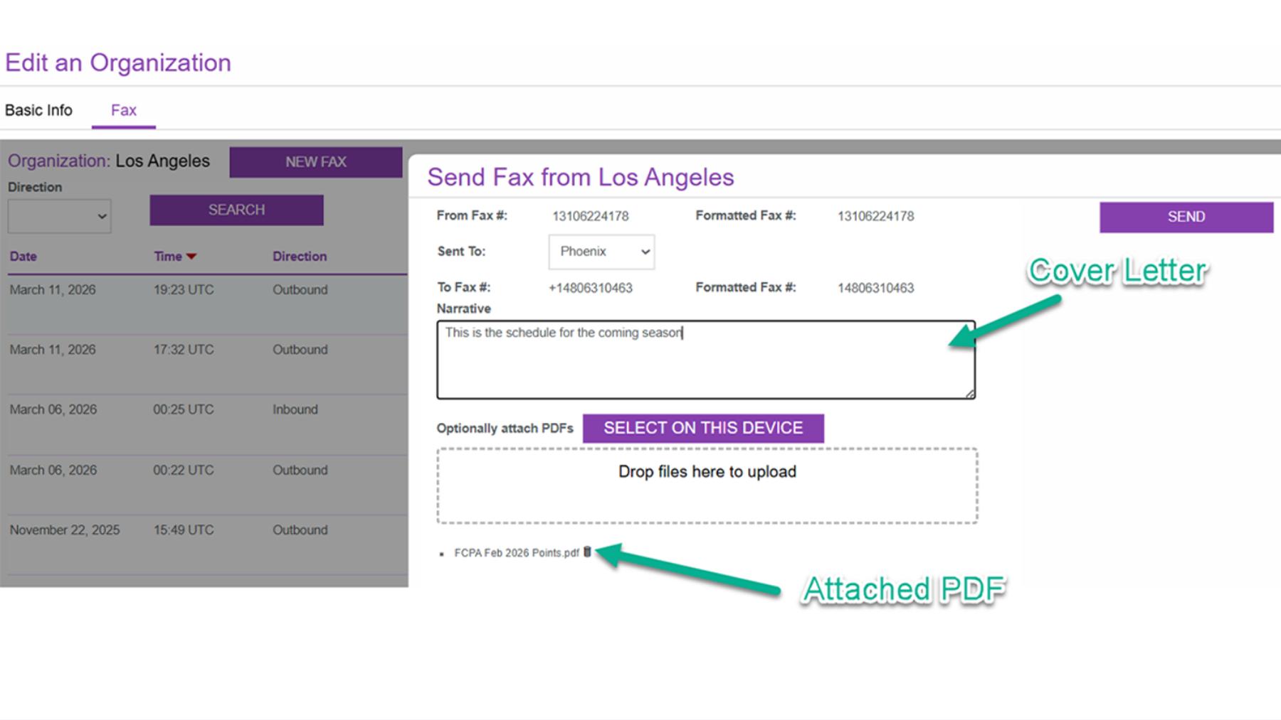 Send Fax form in an SR Fax Integration app, capturing recipient fax number, cover letter narrative, and optional PDF attachments.