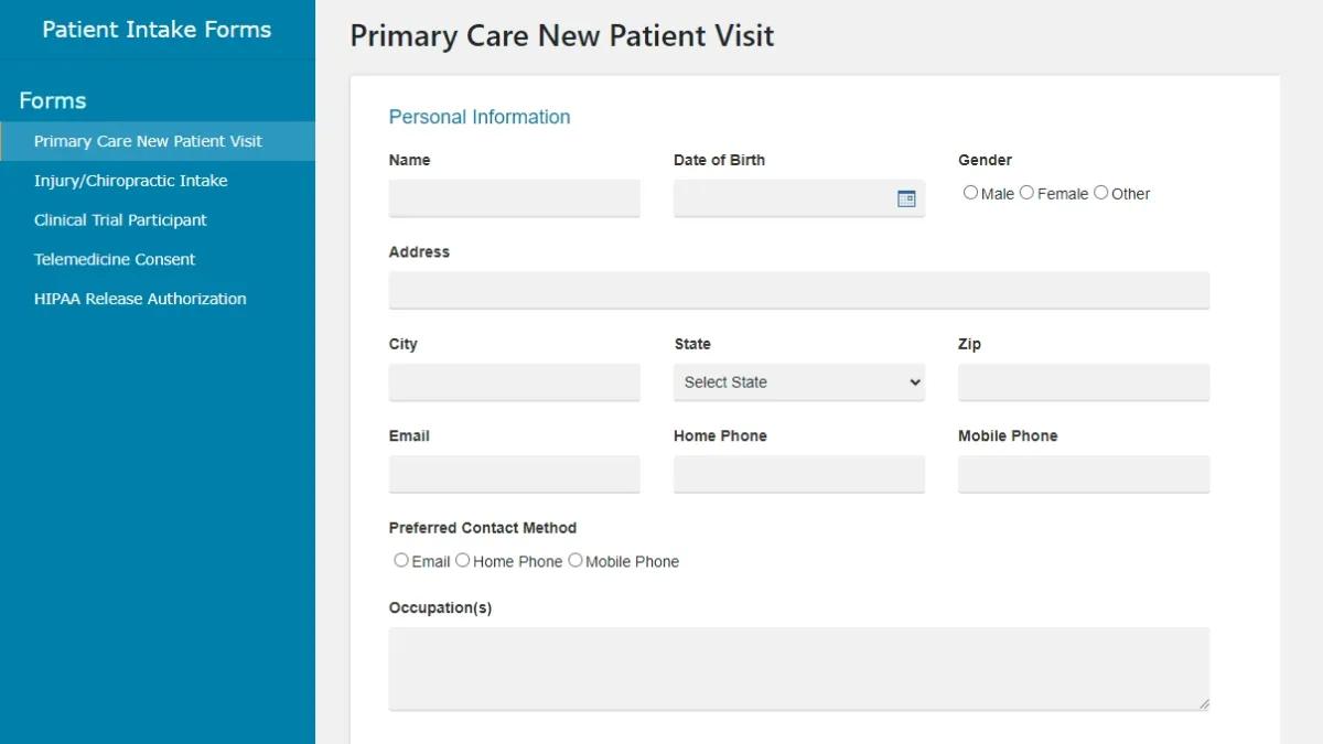 Screenshot of a sample "Patient Visit" form on Patient Intake Forms app.