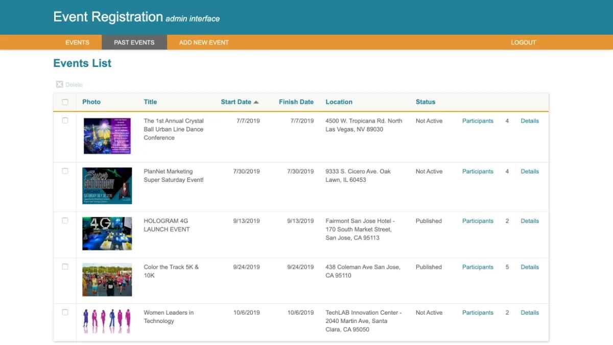 Screenshot of a sample admin interface of past events listing page on Caspio's Event Registration app.