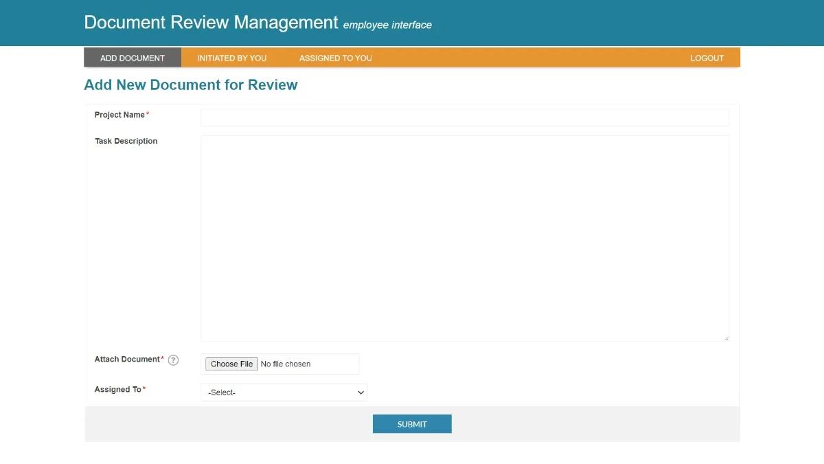 Screenshot of a sample "Add a New Document" form on Caspio's Document Review Management app.