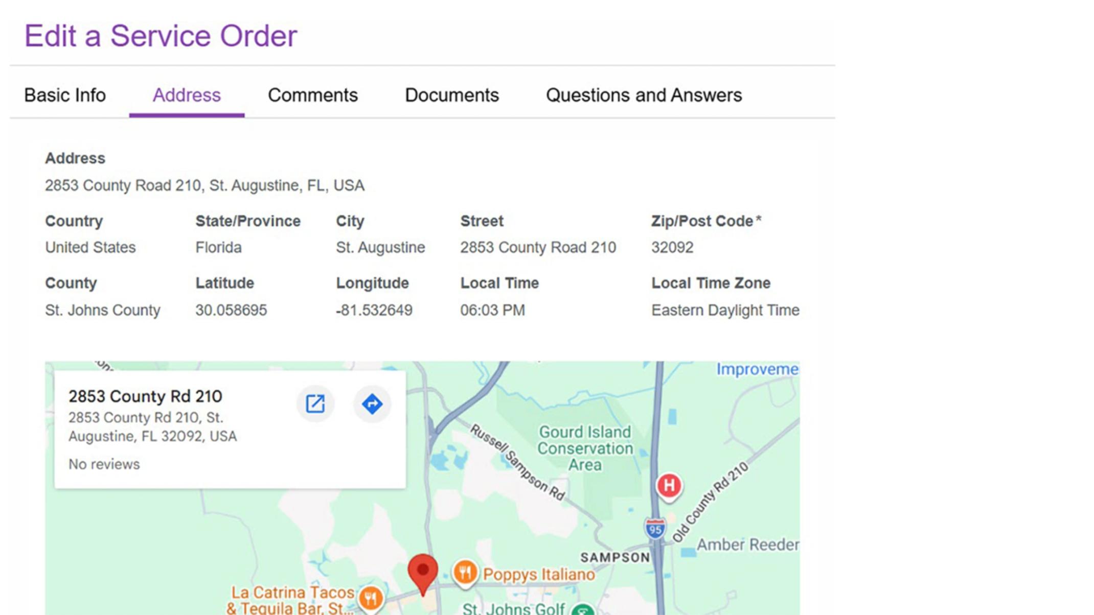 Address tab on the Edit Service Order form in Field Service Manager, showing a St. Augustine destination with full address, lat/long, and map view.