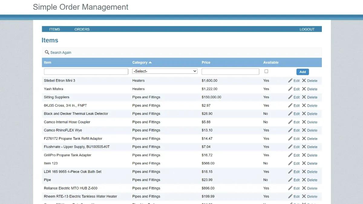 Screenshot of a sample items list on Caspio's Simple Order Management app.