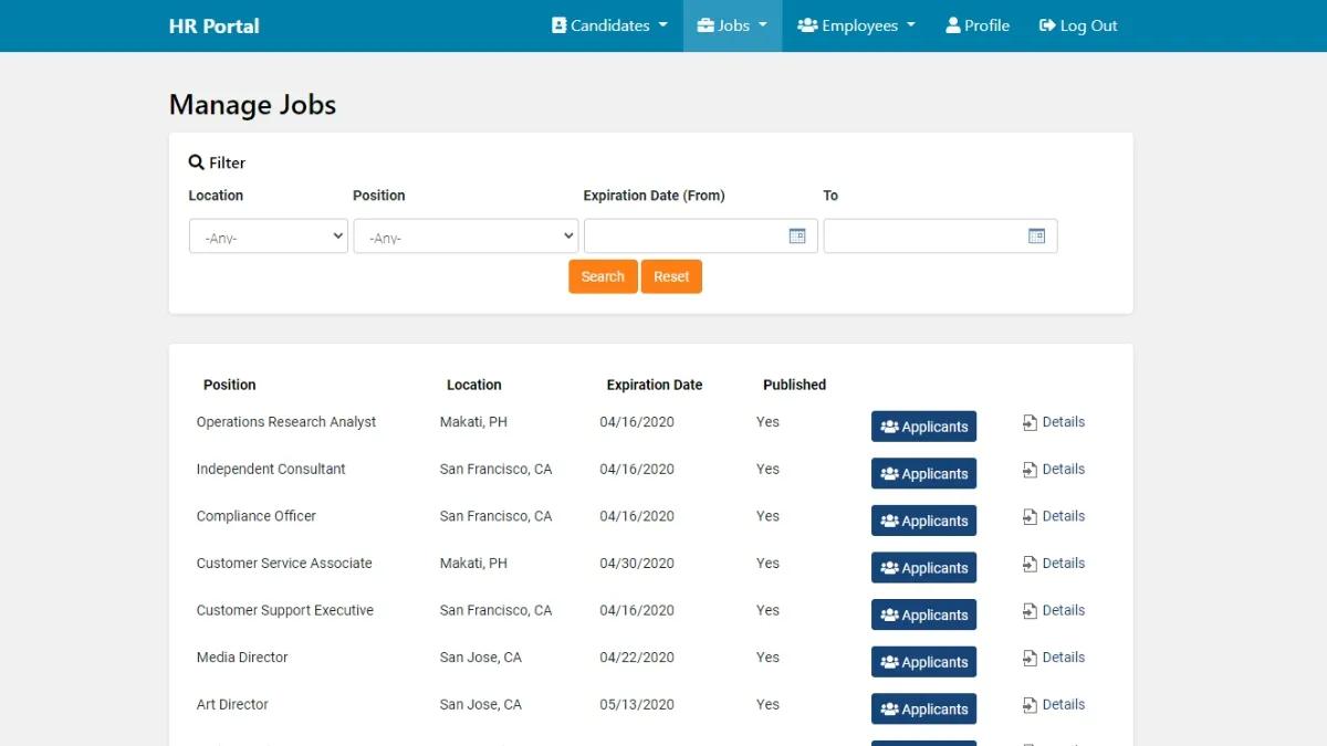 Screenshot of a sample jobs listing management dashboard on Caspio's Recruiting Management app.